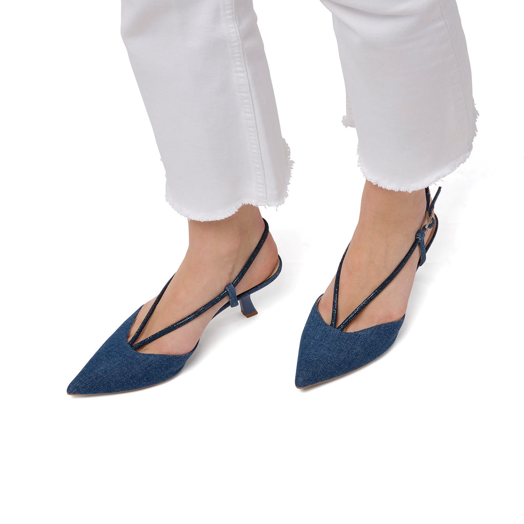 Décolleté slingback con tacco 6 cm blu da Donna effetto Jeans con cinturino Swish Jeans