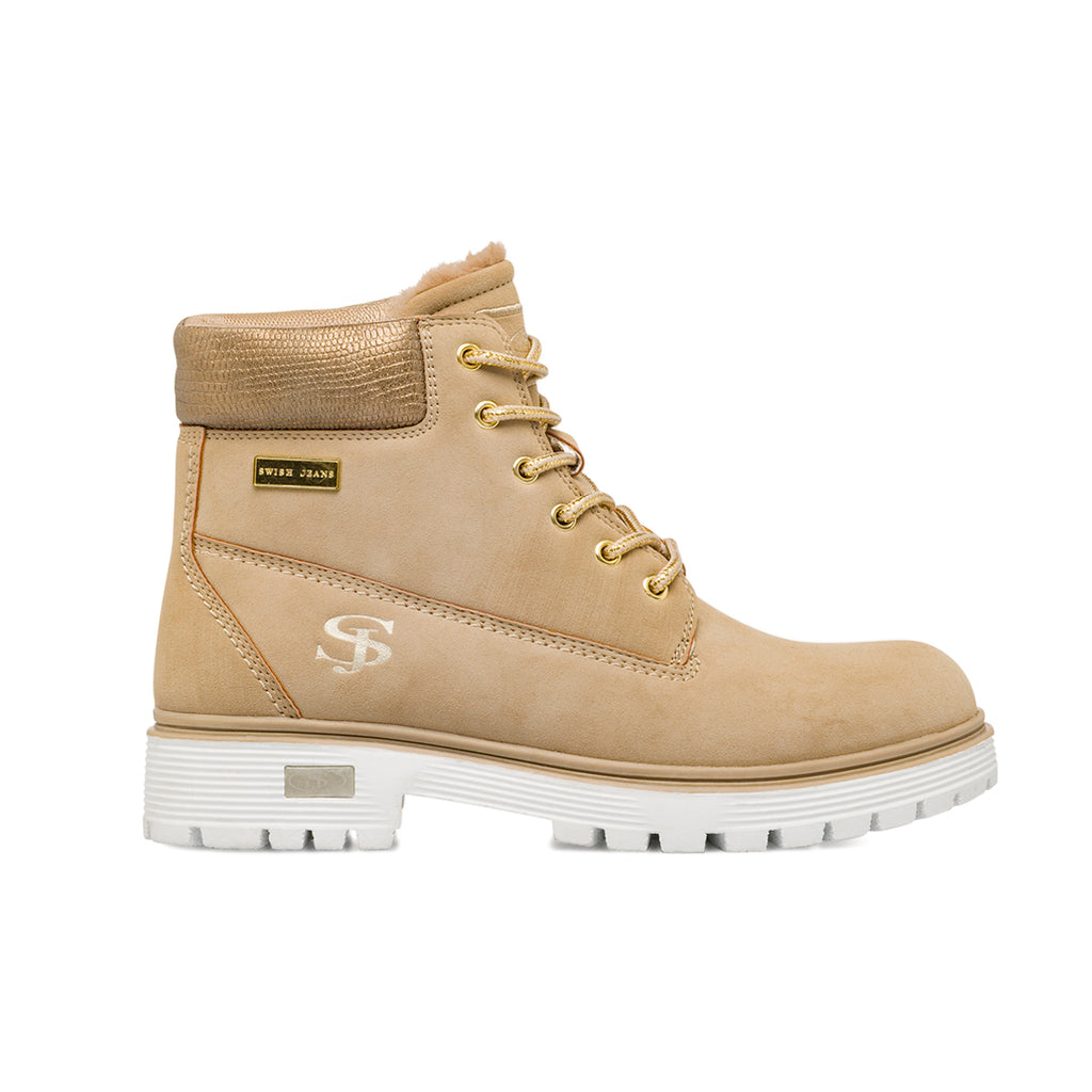 Scarponcini da donna beige con collo foderato e logo Swiss Jeans
