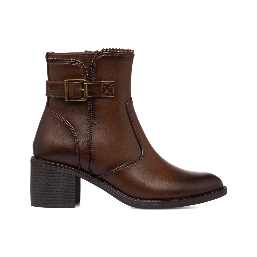Stivaletti con tacco 6 cm marroni da donna con fibbia e borchie Lora Ferres