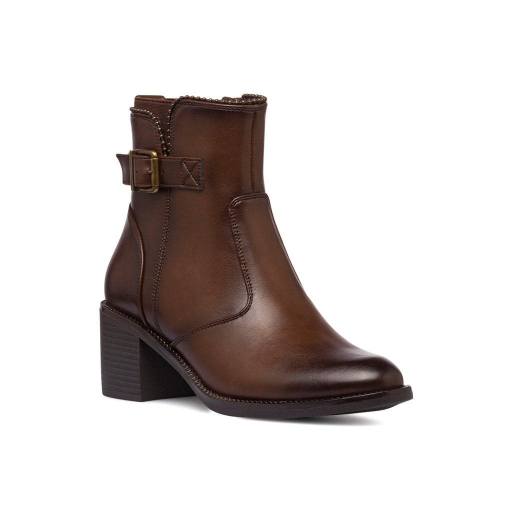 Stivaletti con tacco 6 cm marroni da donna con fibbia e borchie Lora Ferres