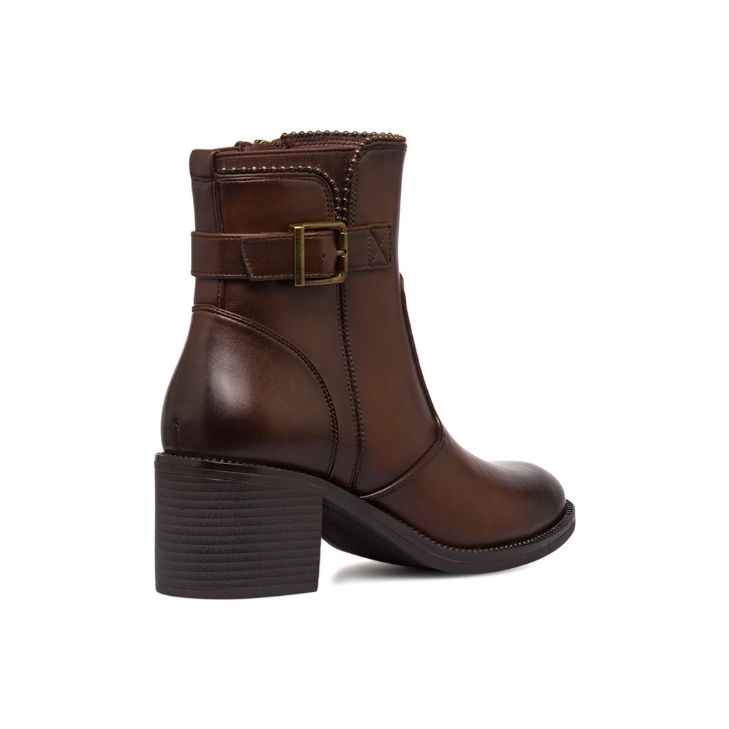Stivaletti con tacco 6 cm marroni da donna con fibbia e borchie Lora Ferres