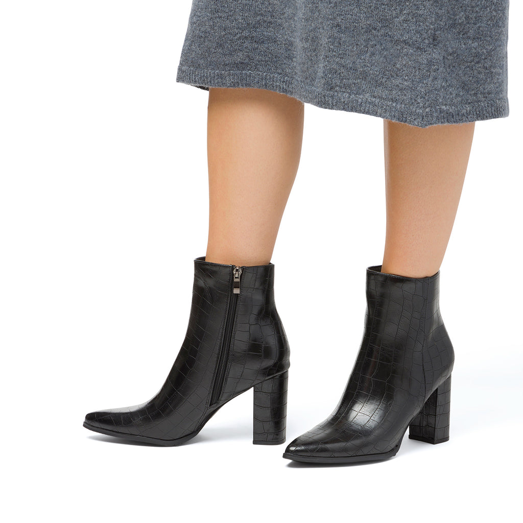 Stivaletti eleganti con tacco 9 cm neri effetto coccodrillo da donna Lora Ferres