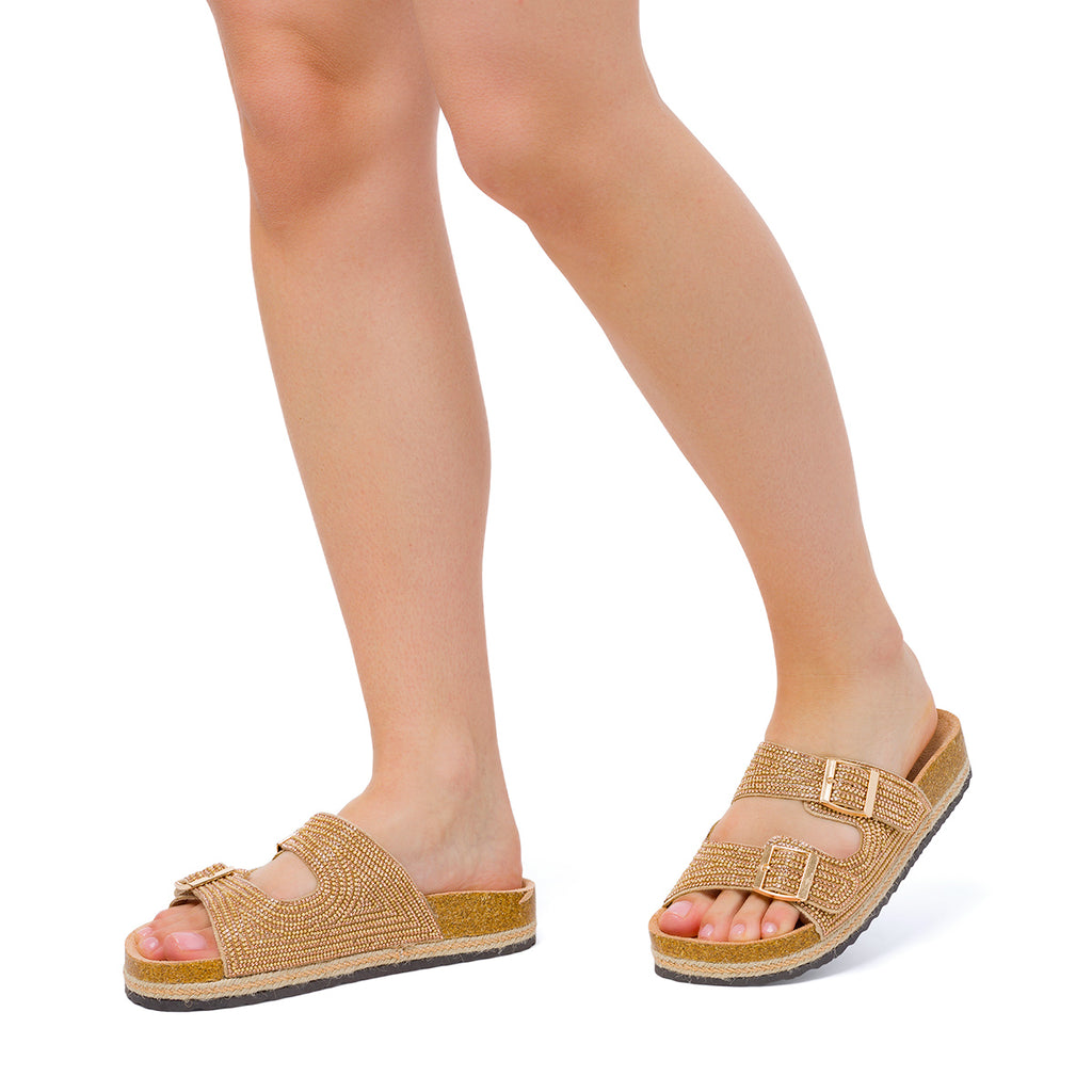 Sandali da Donna Beige e Oro con Strass ed effetto Rafia Lora Ferres