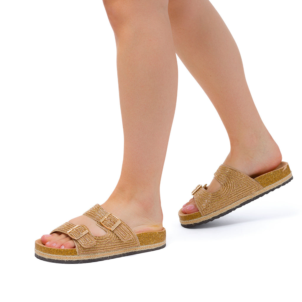 Sandali da Donna Beige e Oro con Strass ed effetto Rafia Lora Ferres