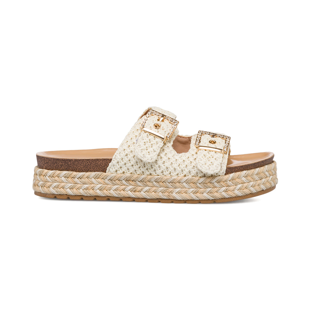 Ciabatte da donna bianche e beige con strass frontali e platform 4 cm Lora Ferres