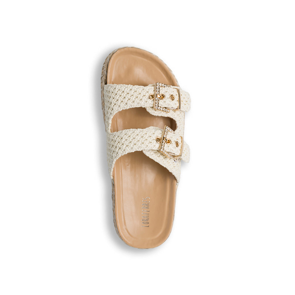 Ciabatte da donna bianche e beige con strass frontali e platform 4 cm Lora Ferres