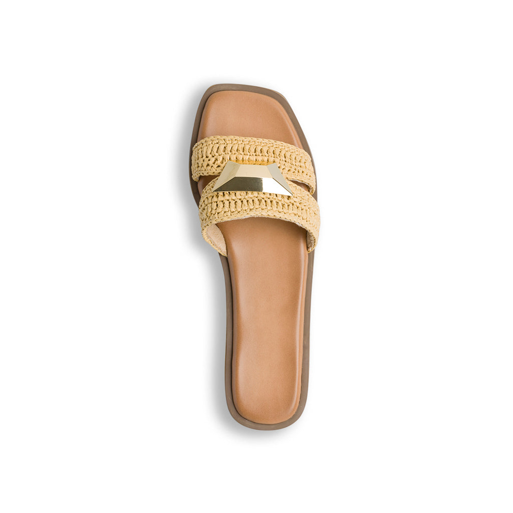 Ciabattine eleganti da donna beige effetto rafia con dettaglio in metallo Swish Jeans