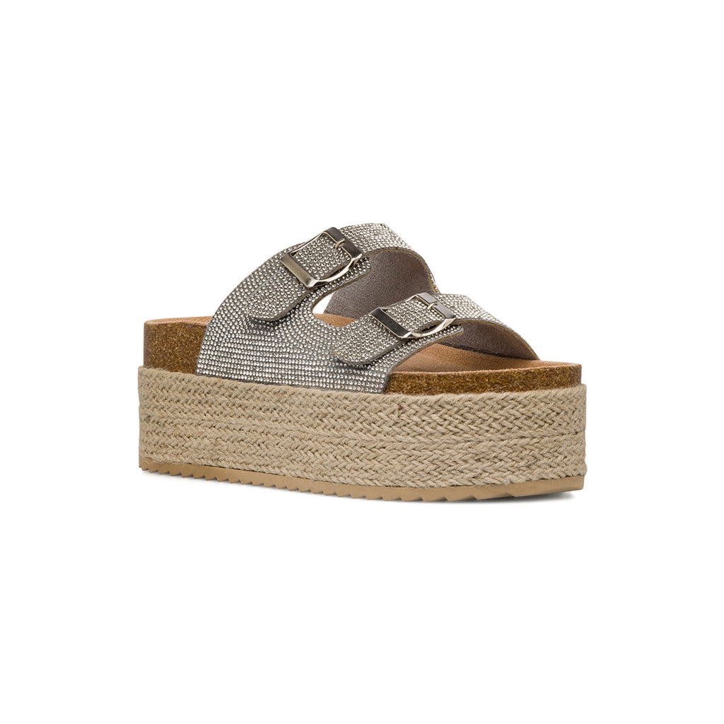 Sandali Platform Argento con Strass e suola in Rafia da Donna Lora Ferres