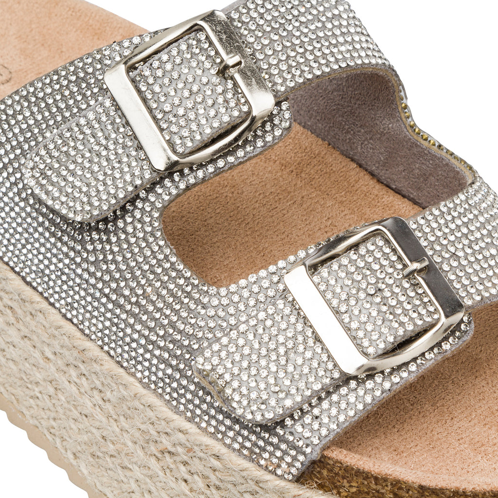 Sandali Platform Argento con Strass e suola in Rafia da Donna Lora Ferres