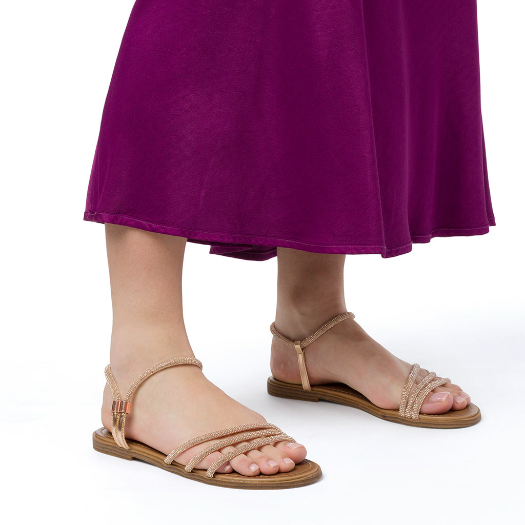 Sandali flat da donna oro rosa con dettaglio gioiello strass Lora Ferres