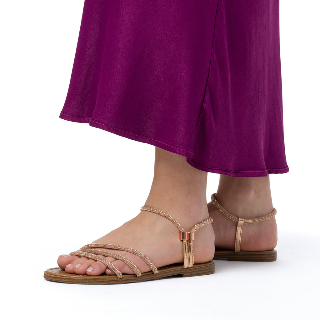 Sandali flat da donna oro rosa con dettaglio gioiello strass Lora Ferres