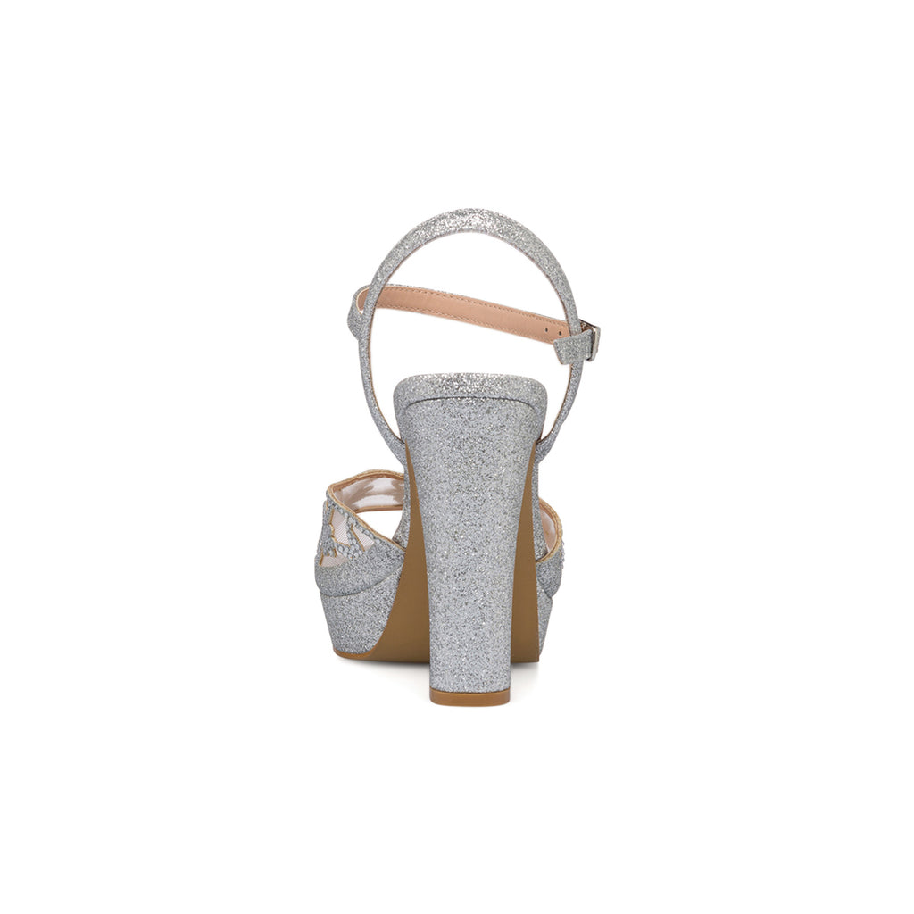 Sandali da donna argento con gioiello glitter e strass e tacco a blocco 12 cm Lora Ferres