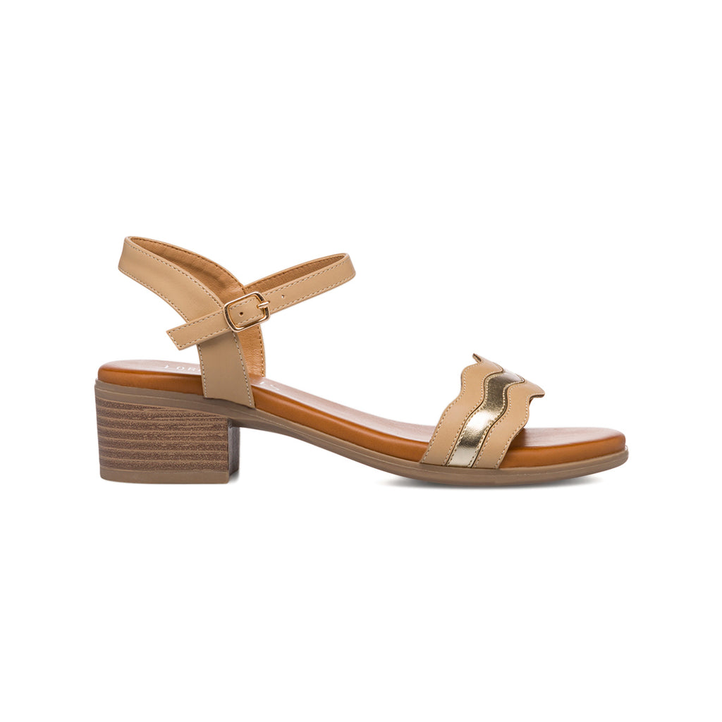 Sandali da donna beige con tacco e dettagli oro Lora Ferres