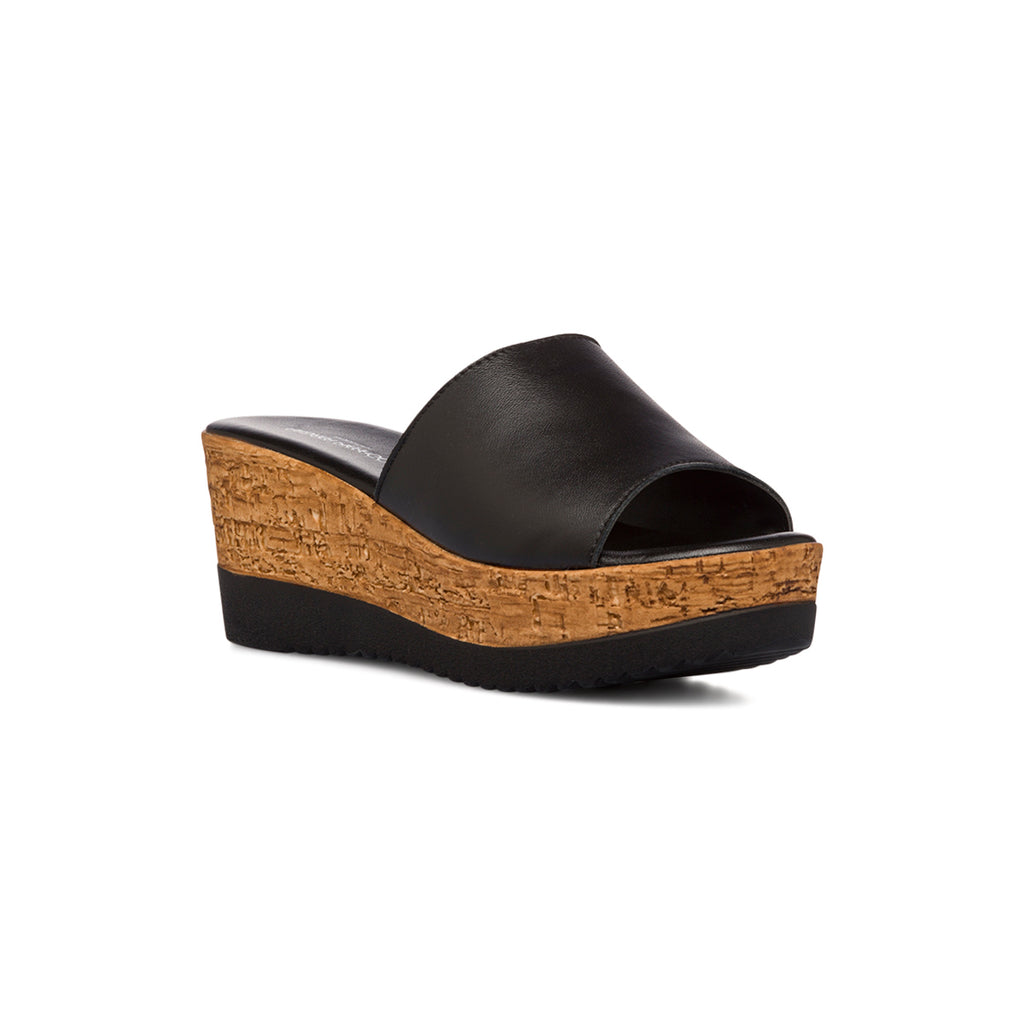 Ciabatte nere  in pelle da donna con zeppa 7 cm Primo Piano