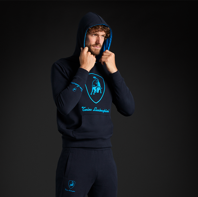 Felpa con cappuccio da uomo blu navy con logo Tonino Lamborghini
