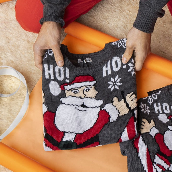 Maglione natalizio grigio da bambino con ricamo Babbo Natale