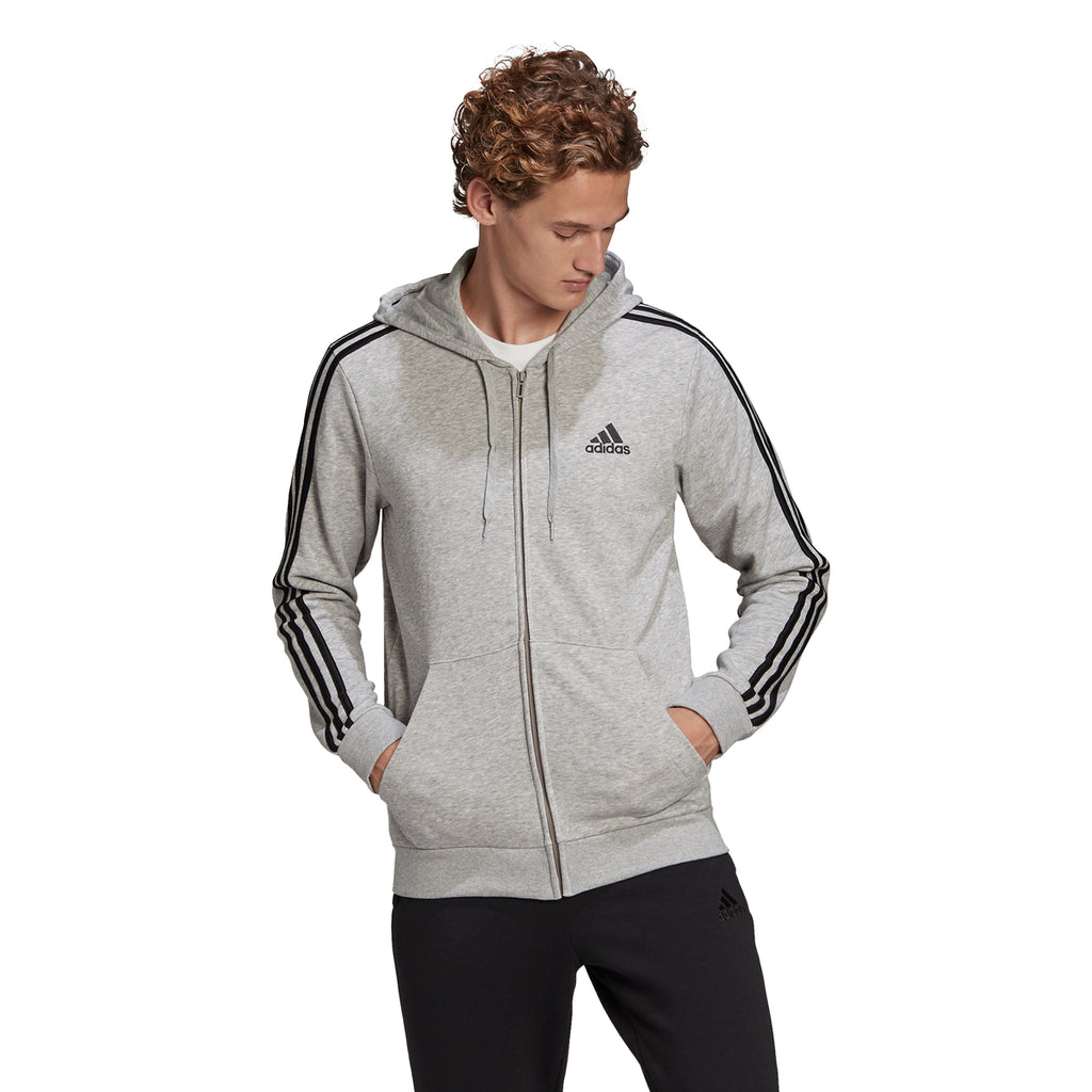 Felpa con cappuccio grigia adidas Essentials French Terry 3-Stripes Full-Zip