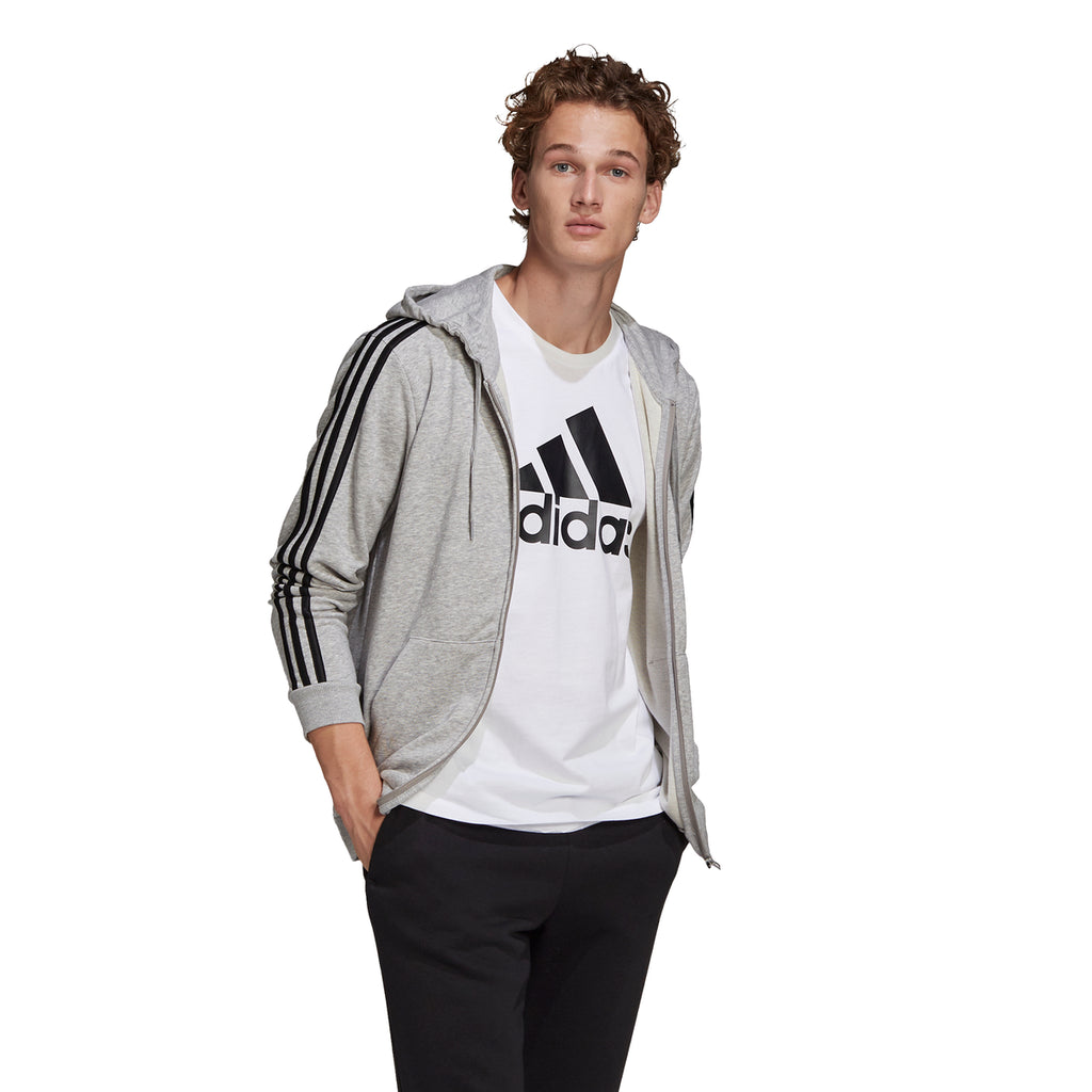 Felpa con cappuccio grigia adidas Essentials French Terry 3-Stripes Full-Zip