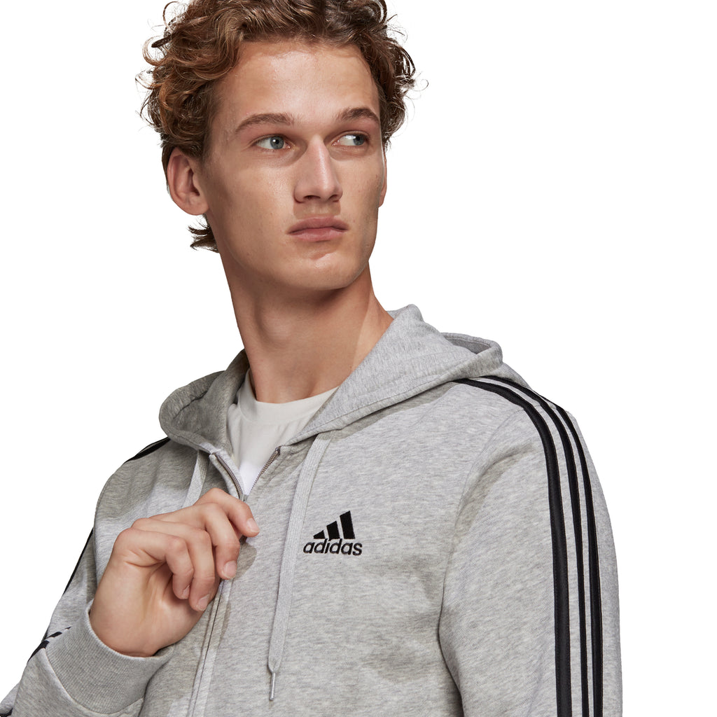 Felpa con cappuccio grigia adidas Essentials French Terry 3-Stripes Full-Zip