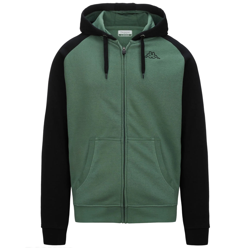 Felpa con cappuccio verde e nera da uomo con zip Kappa