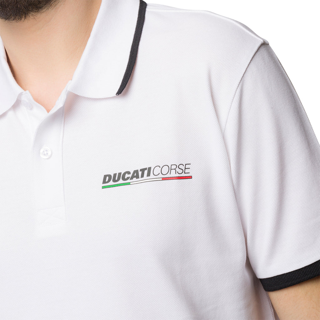 Polo bianca da uomo con logo sul petto Ducati Corse Piquet Side