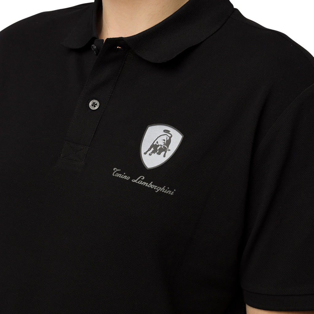 Polo nera da uomo con dettagli grigi e logo Tonino Lamborghini