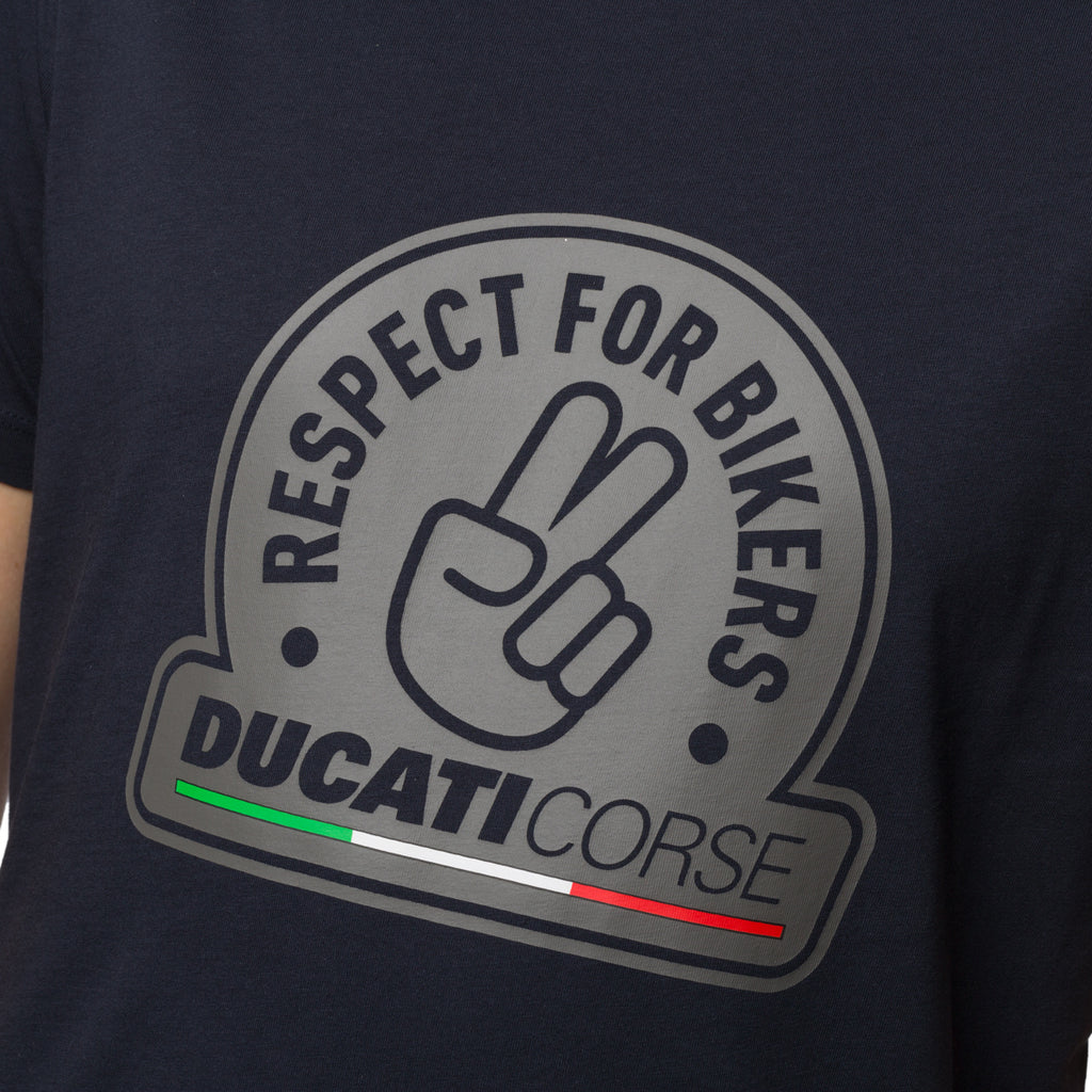 T-shirt blu da uomo con stampa frontale "Respect for Bikers" Ducati Corse