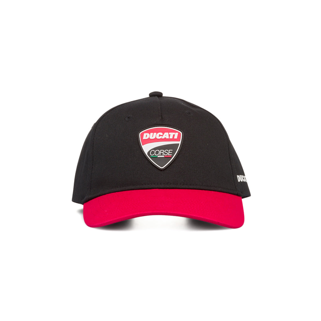 Cappellino da baseball nero con visiera rossa e logo Ducati Corse