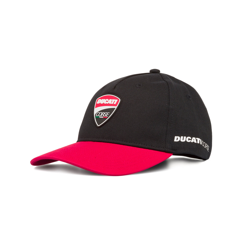 Cappellino da baseball nero con visiera rossa e logo Ducati Corse
