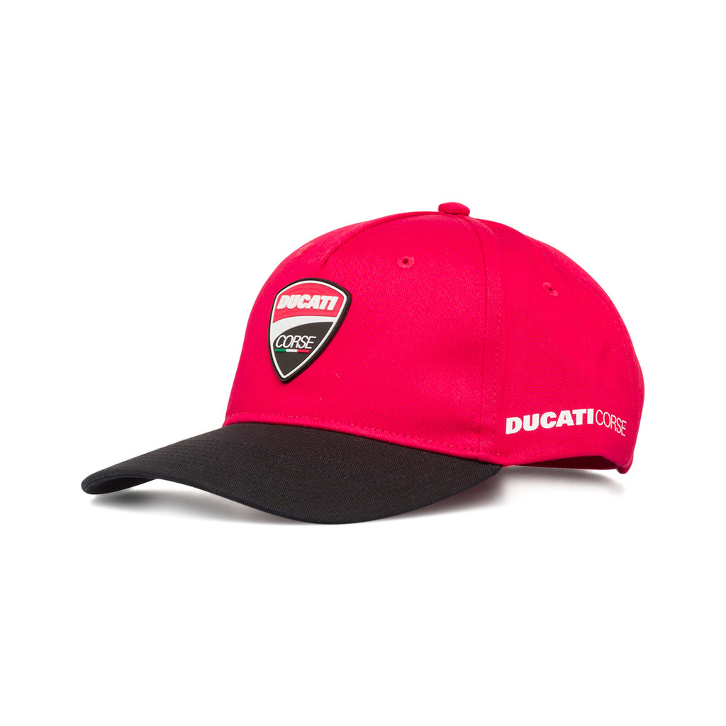 Cappellino da baseball rosso con visiera nera e logo Ducati Corse