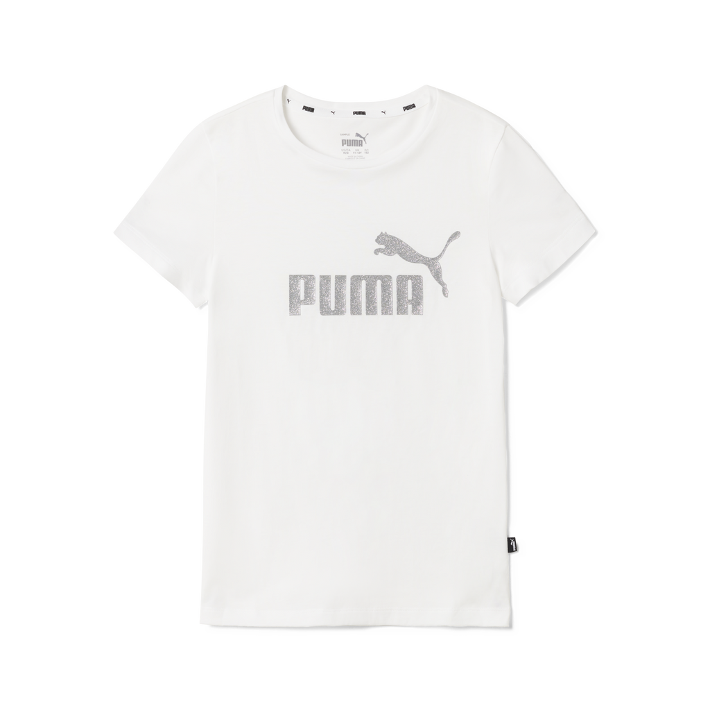 T-shirt bianca da bambina con logo grigio glitterato Puma Essentials +