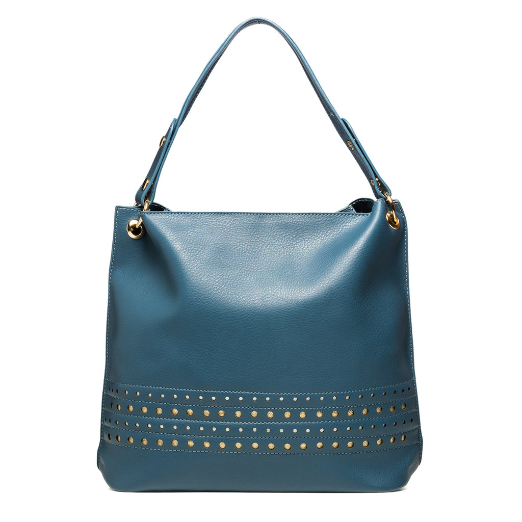 Borsa a spalla blu con borchie oro Le Najadi