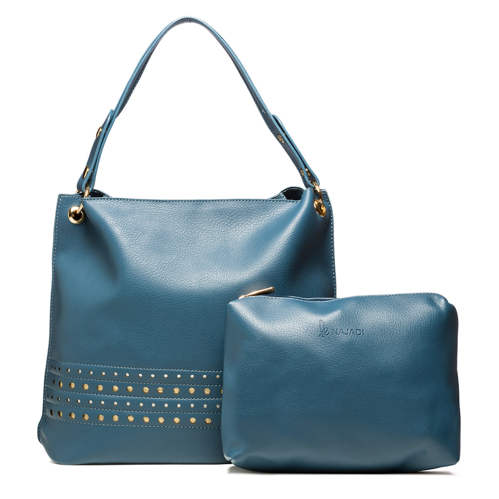 Borsa a spalla blu con borchie oro Le Najadi