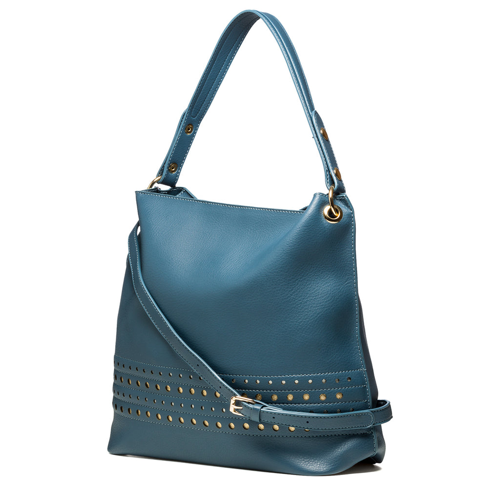 Borsa a spalla blu con borchie oro Le Najadi