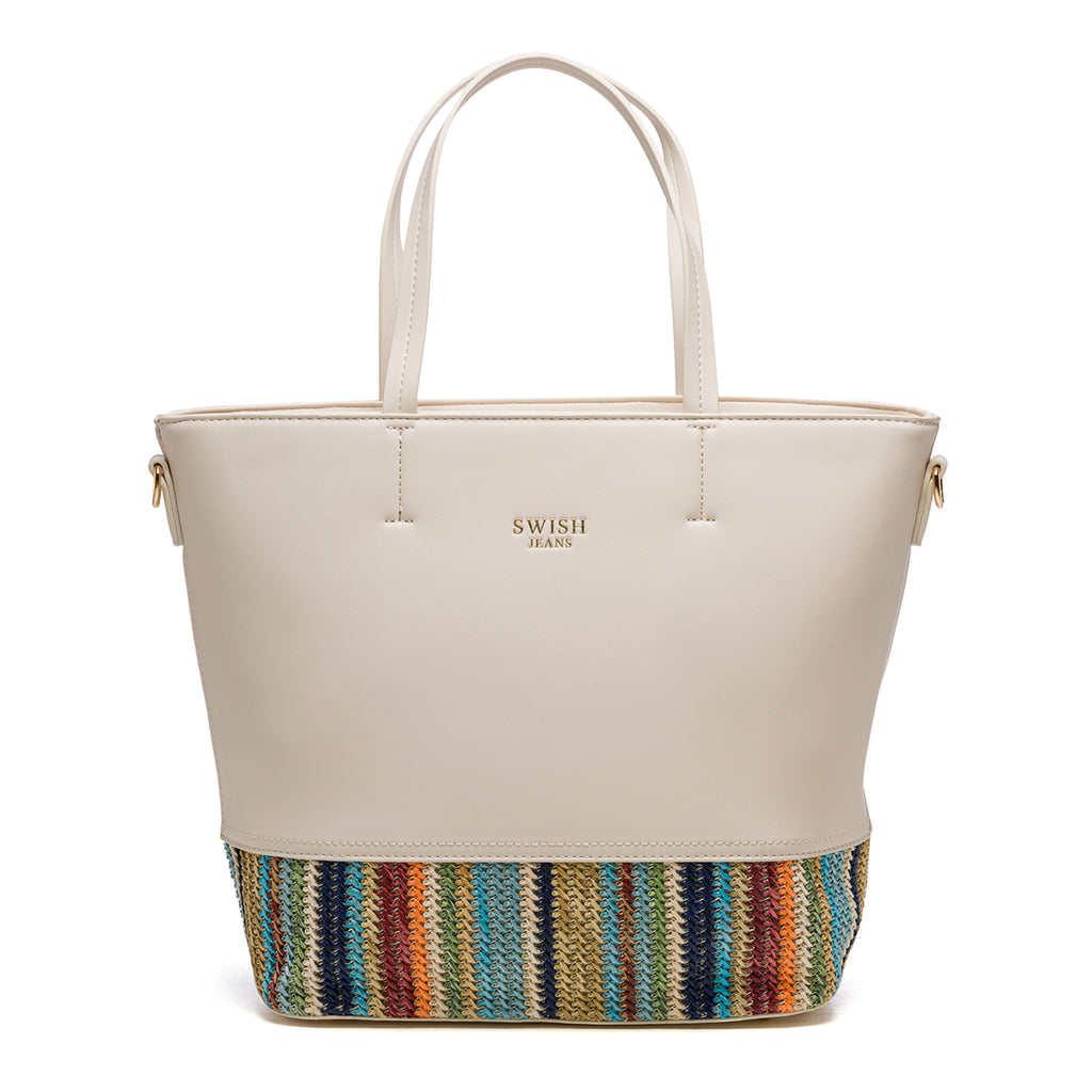 Borsa a spalla beige con intrecci multicolore Swish Jeans