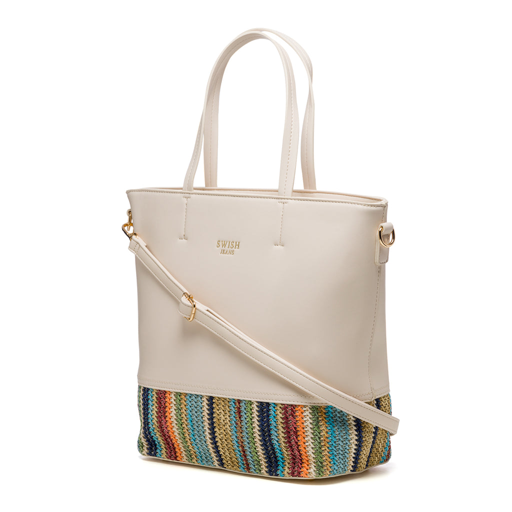 Borsa a spalla beige con intrecci multicolore Swish Jeans