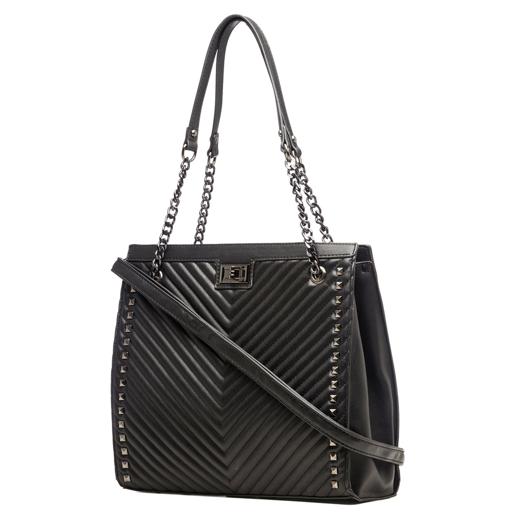 Borsa a spalla nera effetto trapuntato con borchie a piramide Lora Ferres
