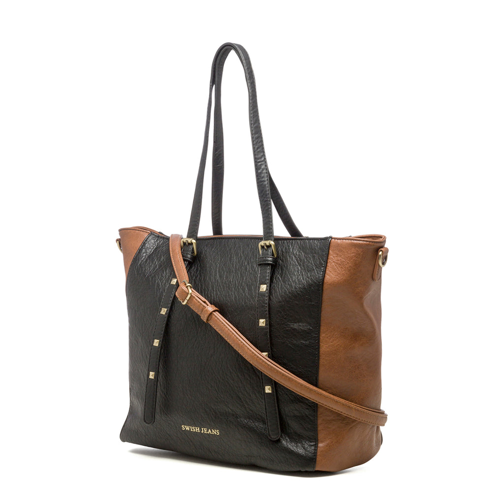 Borsa a spalla nera e cuoio con borchie a piramide Swish Jeans Ruben