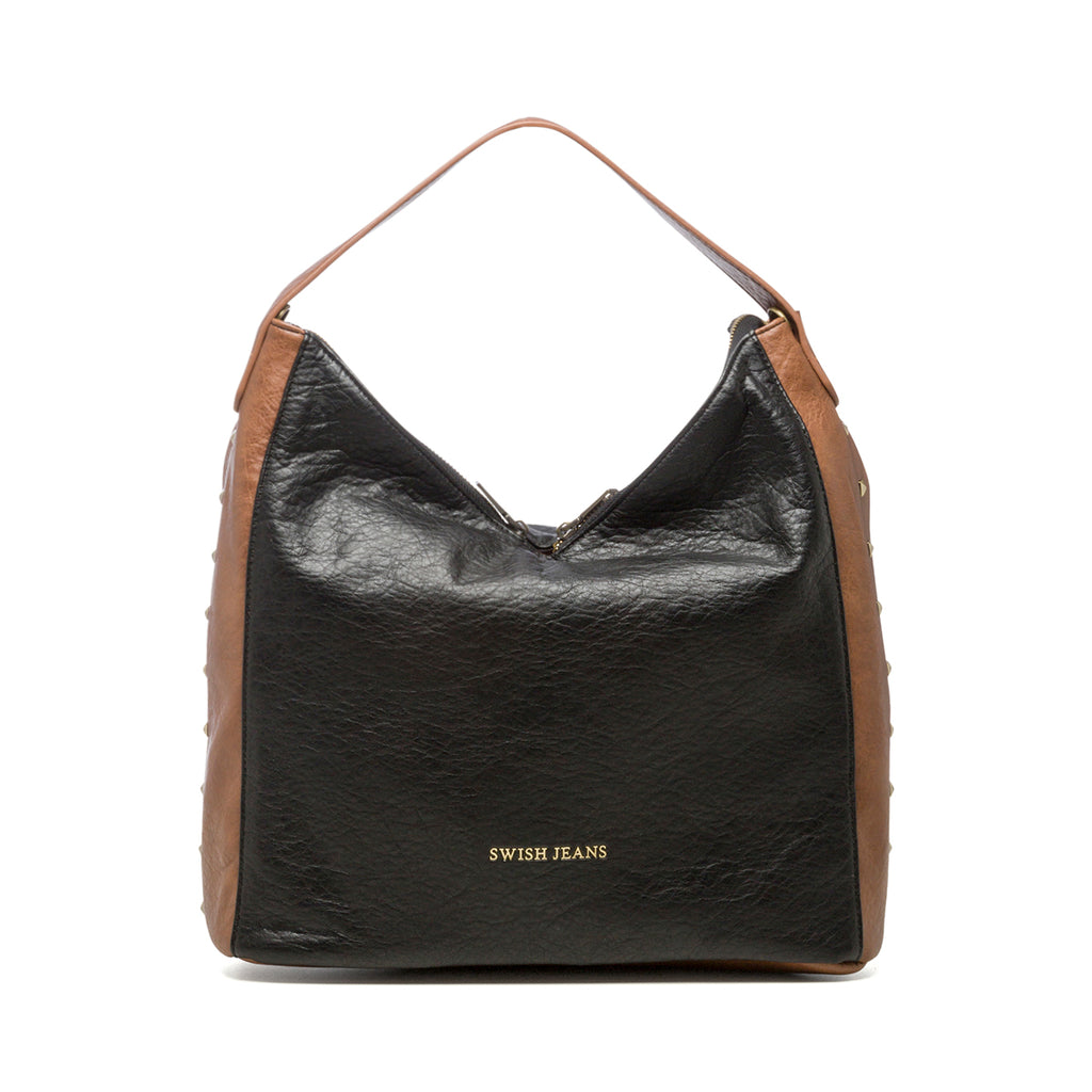 Borsa a spalla nera e cuoio con borchie a piramide Swish Jeans Ruben