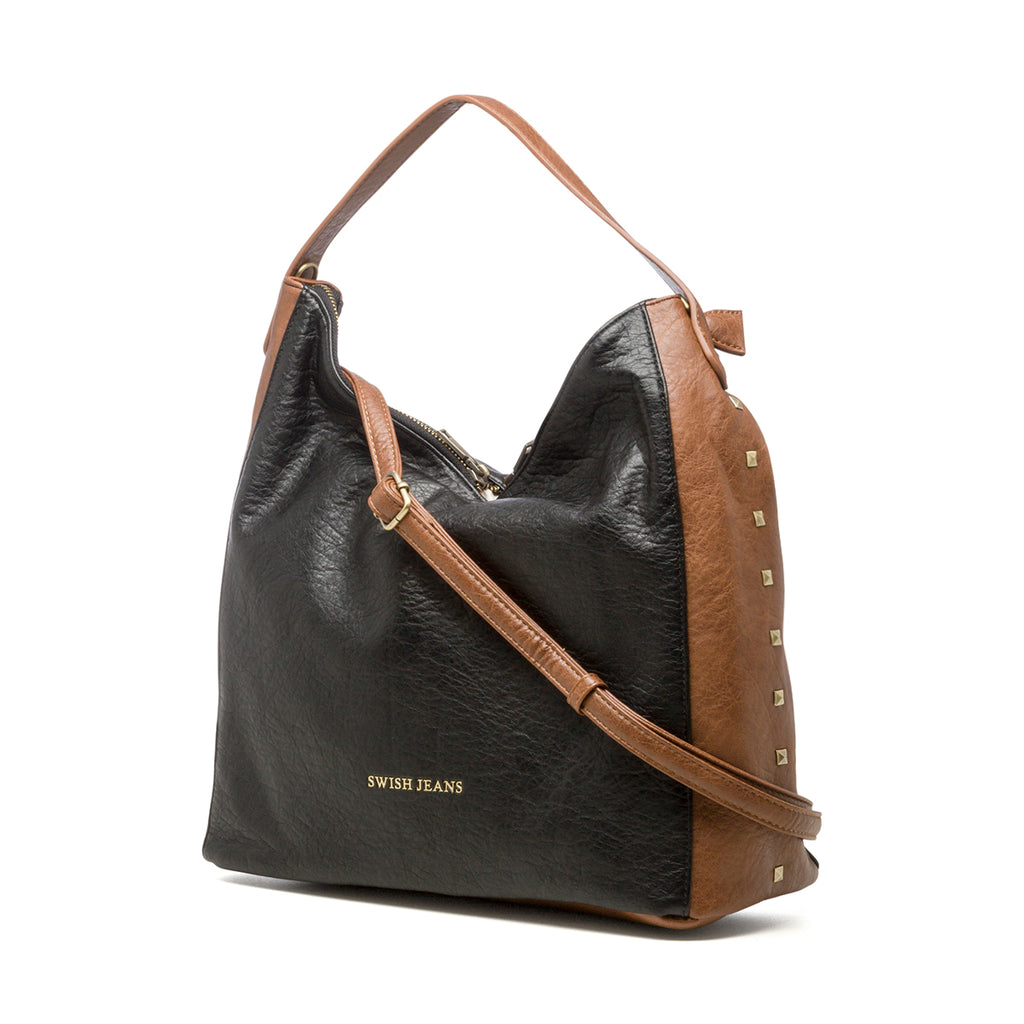 Borsa a spalla nera e cuoio con borchie a piramide Swish Jeans Ruben