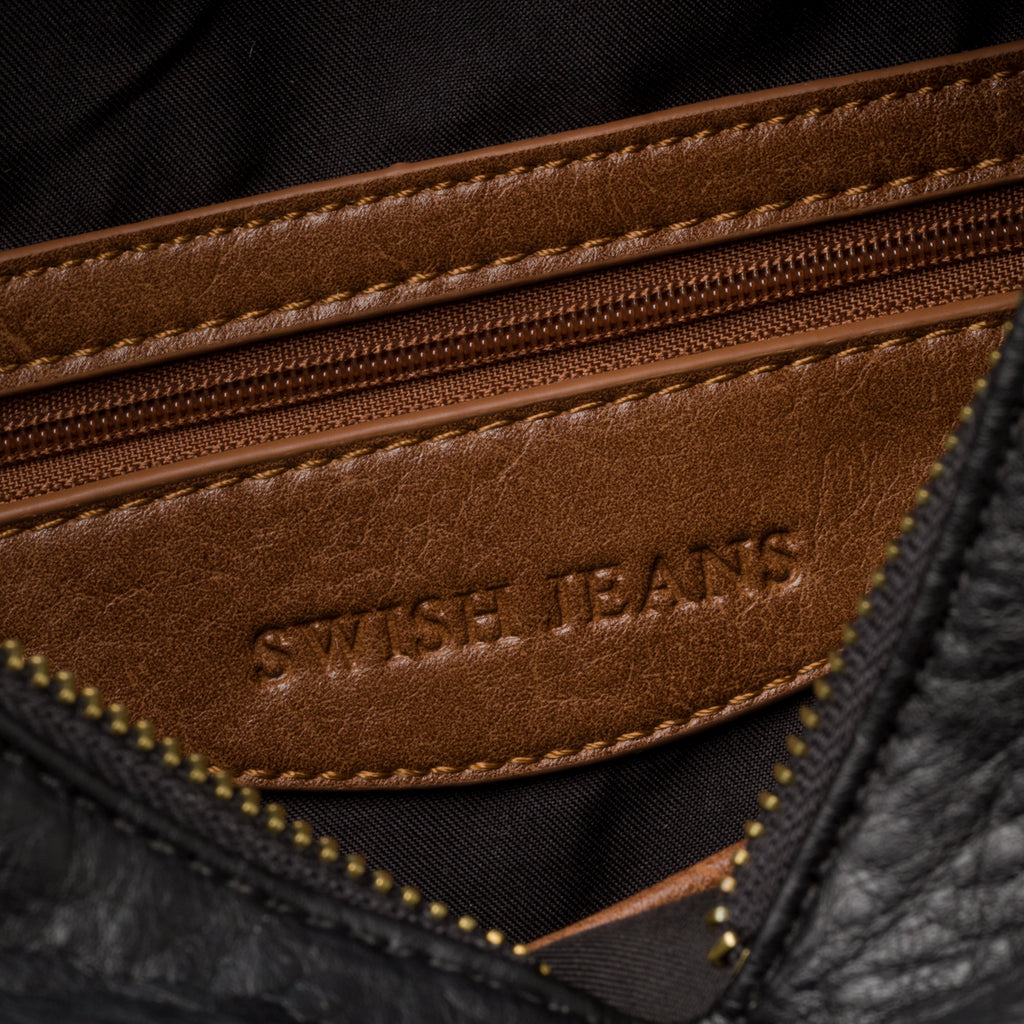 Borsa a spalla nera e cuoio con borchie a piramide Swish Jeans Ruben