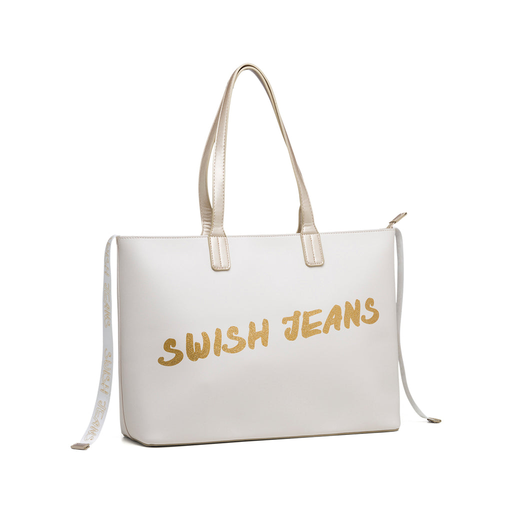 Borsa a spalla bianca con logo effetto glitterato Swish Jeans Abby