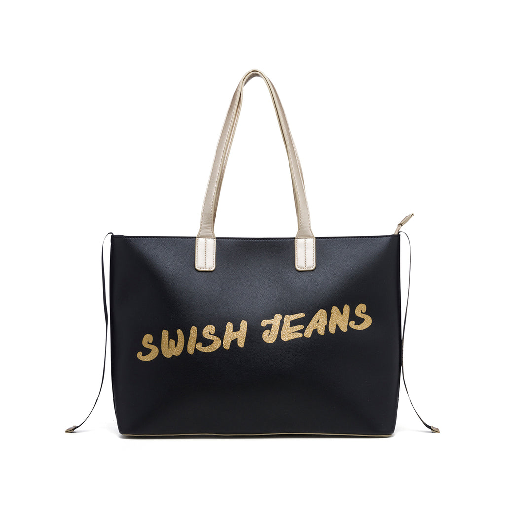 Borsa a spalla nera con logo effetto glitterato Swish Jeans Abby