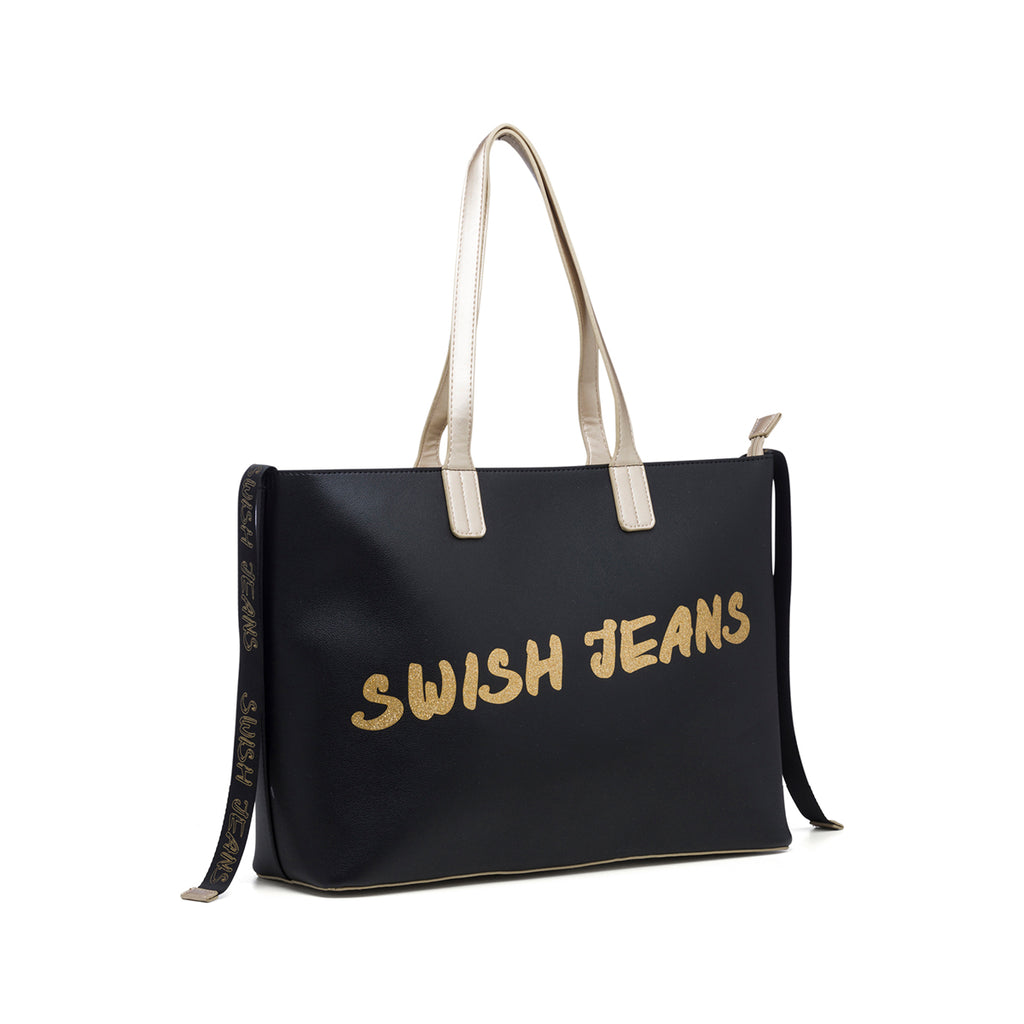 Borsa a spalla nera con logo effetto glitterato Swish Jeans Abby