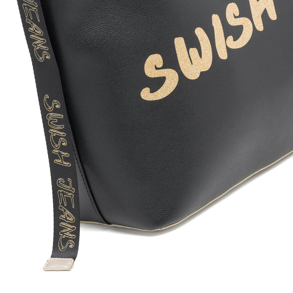 Borsa a spalla nera con logo effetto glitterato Swish Jeans Abby