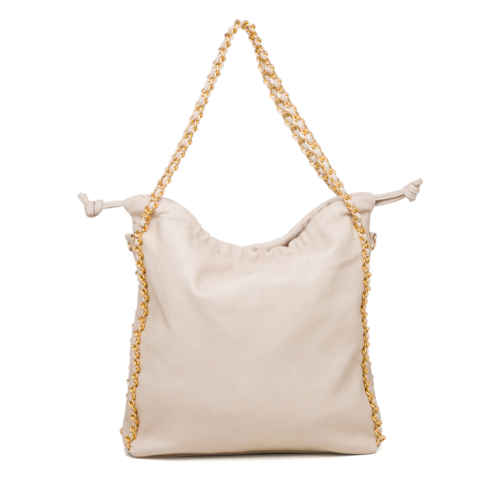 Borsa a spalla beige con manici a catena Lora Ferres