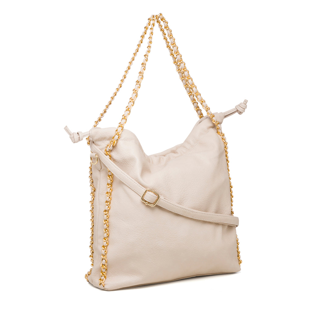 Borsa a spalla beige con manici a catena Lora Ferres