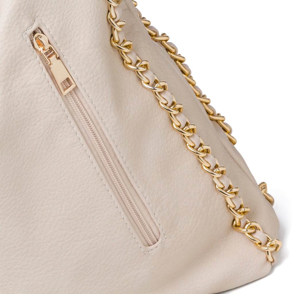 Borsa a spalla beige con manici a catena Lora Ferres