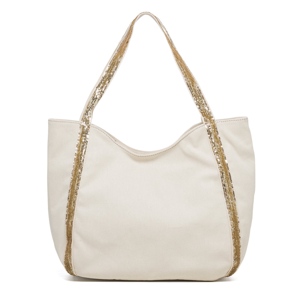 Borsa a spalla beige con paillettes Lora Ferres