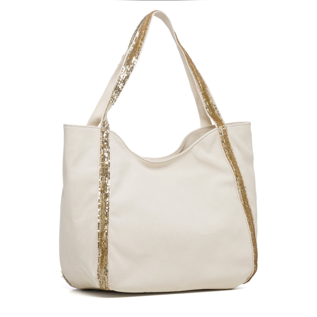 Borsa a spalla beige con paillettes Lora Ferres